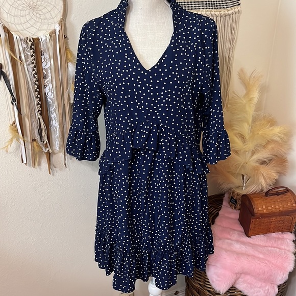Navy & Polka Dot Tiered Ruffled Dress/ 3/4 Sleeves with Bell/Ruffled/ Size Small - Picture 3 of 9